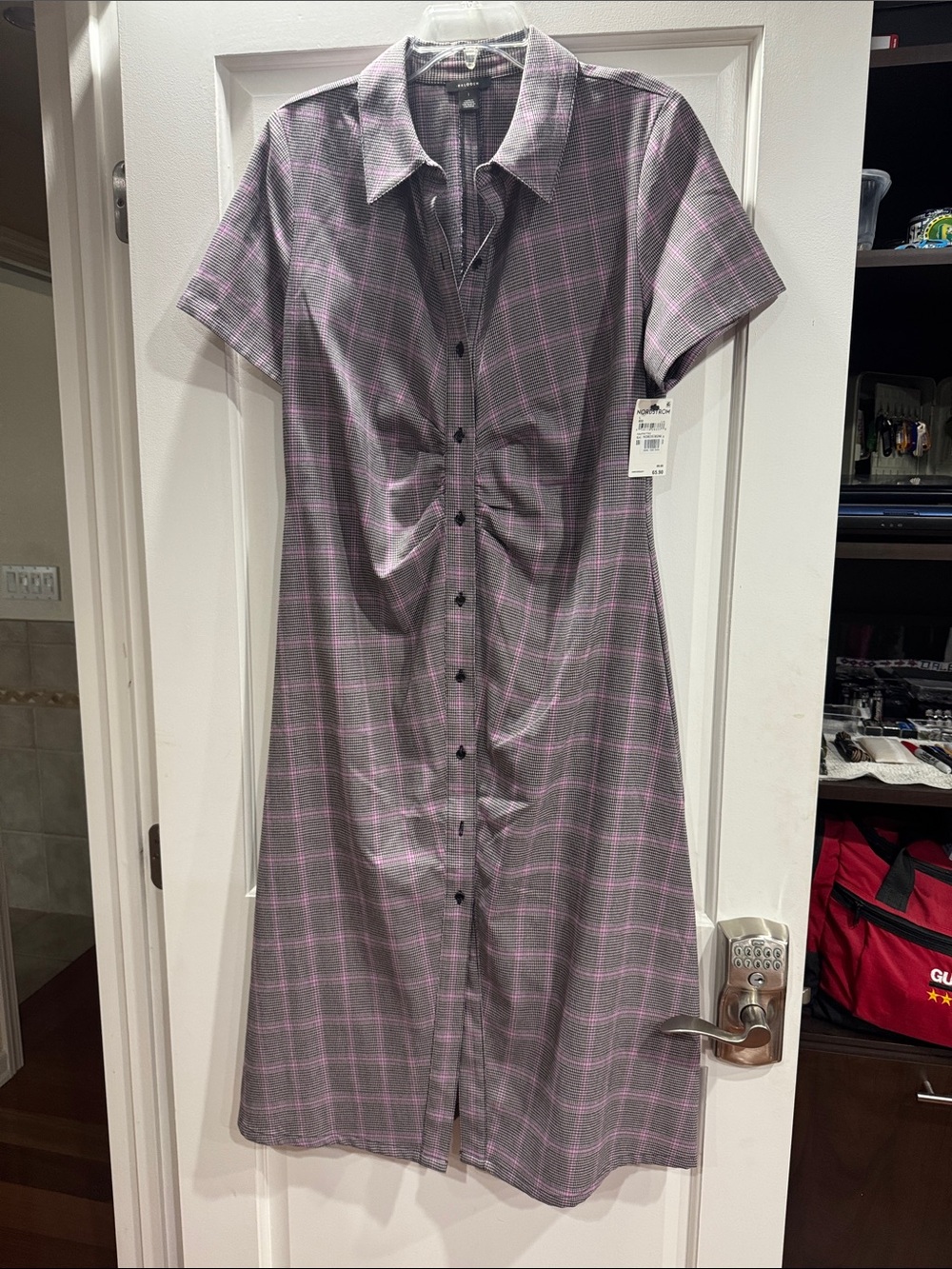 Halogen Gray Dress with Pink Windowpane Plaid